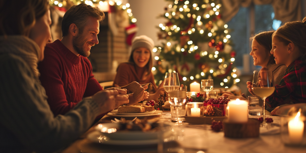 Family Engaging in Hearty Discussion Around Christmas Table